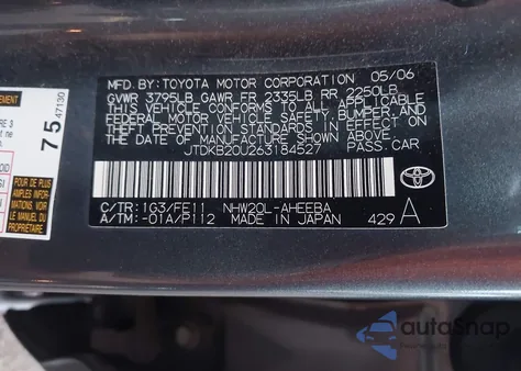 2006 Toyota Prius from USA, damaged, VIN JTDKB20U263184527